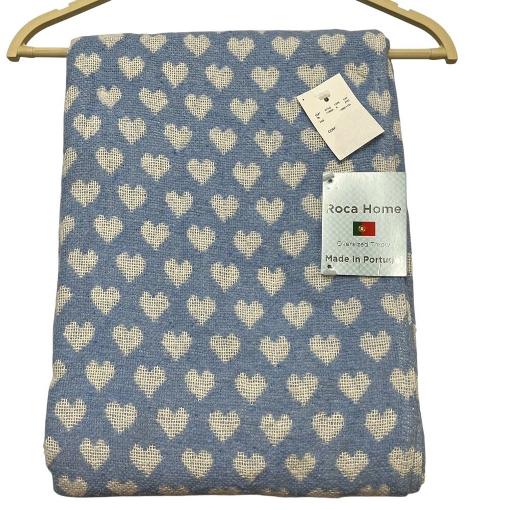 Roca Home Throw Blanket Blue White Heart Texuted Fringe Oversized  Portugal‎